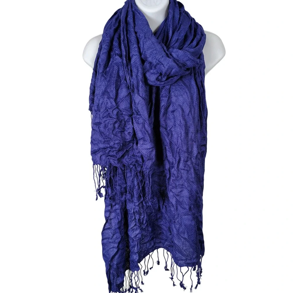 World Market Purple Chevron Crinkle Scarf 100% Rayon Fringe Trim 34x80‎ NWT